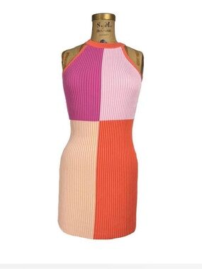 Colorblock Ribbed Knit Mini Dress in Fuchsia, Light Pink, Peach and Coral